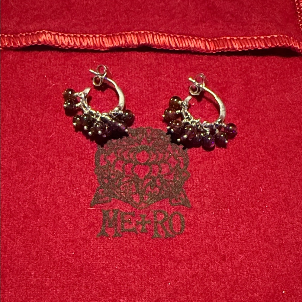 Me & Ro Sterling Silver Mini Hoop Earrings with Beaded Rows of Rhodolite Garnet